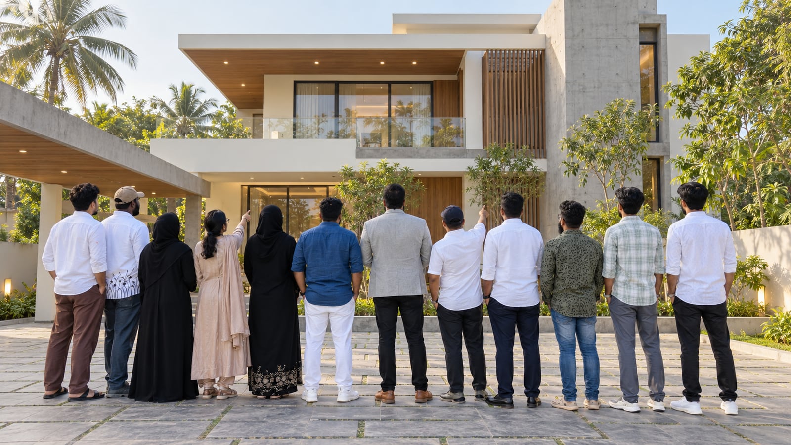 The Pentarch team standing together outside a completed contemporary villa
